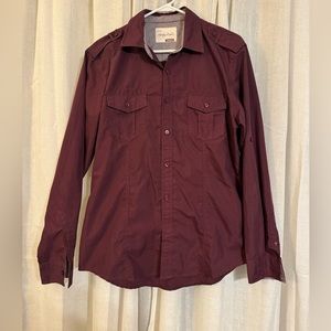 Maroon men’s long sleeve button up with shoulder details size medium